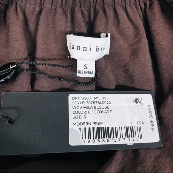 GIANNI BINI Brown Cropped Peasant Blouse Top Puff Sleeve Square Neck Small New - Picture 5 of 11